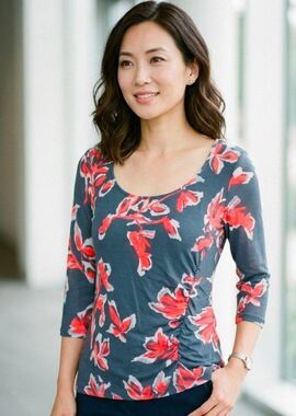 Apt 9 Floral Ruched Side Top Gray Coral Abstract 3/4 Sleeve Blouse - Size L